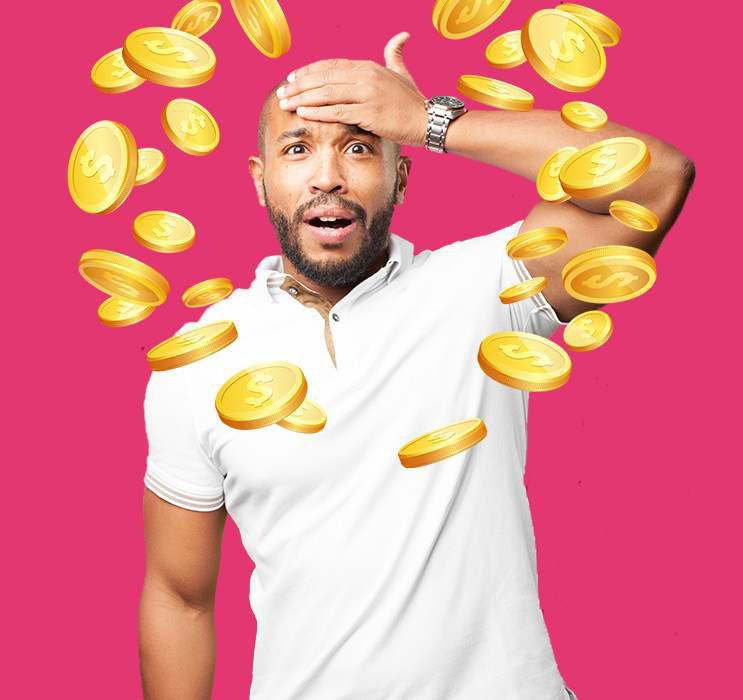 Male Keno player holding head in confusion with gold coins falling in deep pink background